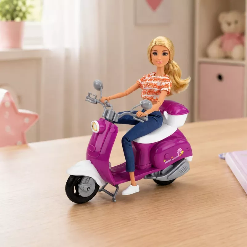 LEAN TOYS Anlily Reise-Puppe auf Roller mit Brille, Handyhalter und Zubehör