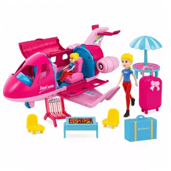 LEAN TOYS Faltbares Flugzeug für Puppen Reiseset Zubehör Puppe Pink 9 Teile