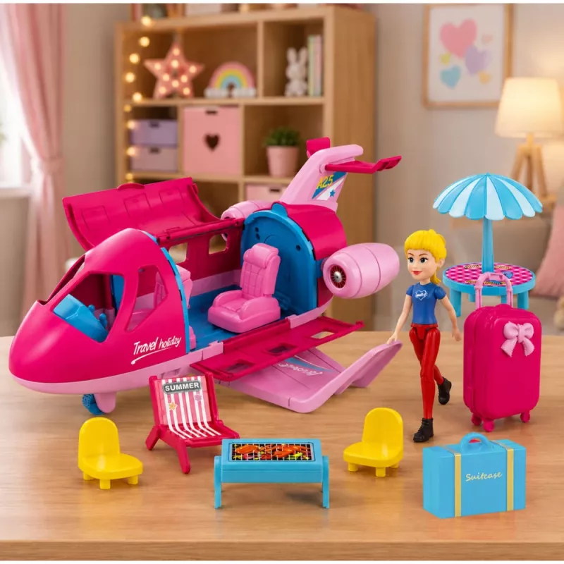 LEAN TOYS Faltbares Flugzeug für Puppen Reiseset Zubehör Puppe Pink 9 Teile
