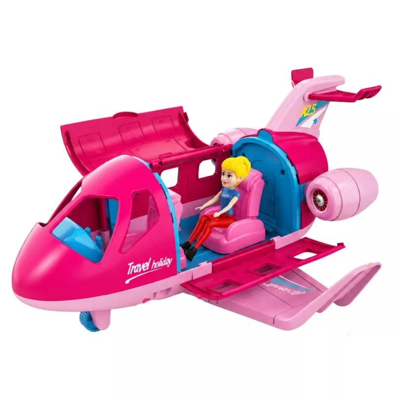 LEAN TOYS Faltbares Flugzeug für Puppen Reiseset Zubehör Puppe Pink 9 Teile