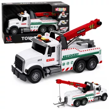 LEAN TOYS Baufahrzeug mit verstellbarem Kran, Lichtern und Geräuschen, Weiß 1:14