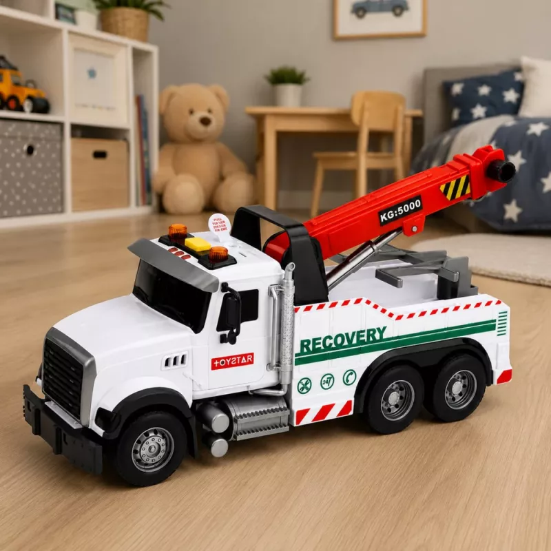 LEAN TOYS Baufahrzeug mit verstellbarem Kran, Lichtern und Geräuschen, Weiß 1:14