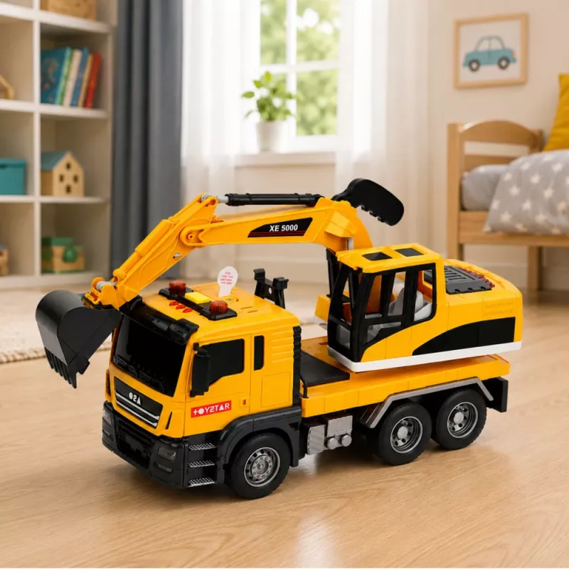 LEAN TOYS 1:14 RC Bagger mit beweglichem Löffel, Lichtern und Sound – Gelb