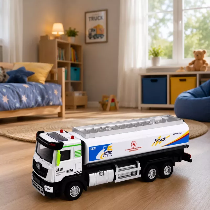 LEAN TOYS Metall-Tankwagen mit Reibungsantrieb, Lichtern und Geräuschen, Blau und Weiß, Maßstab 1:40