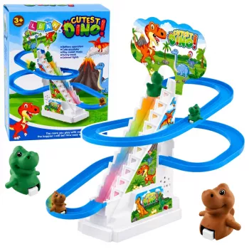 LEAN TOYS Rennbahn Dinosaurier-Rutsche mit beweglichen Stufen, Figuren, Lichtern und Geräuschen