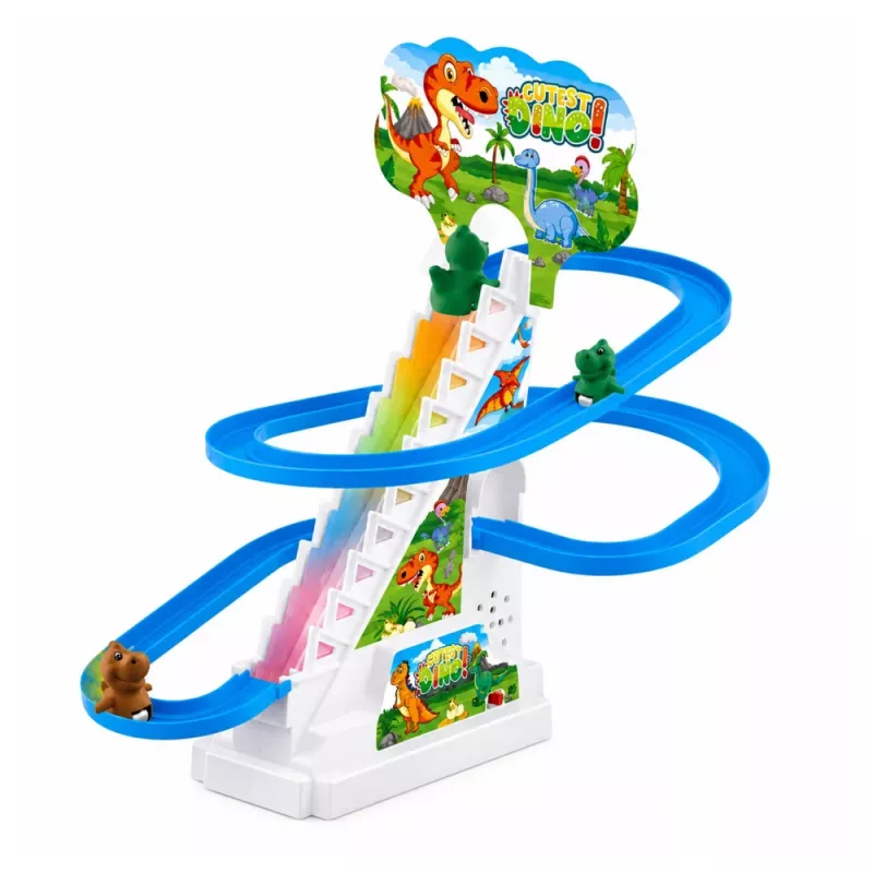 LEAN TOYS Rennbahn Dinosaurier-Rutsche mit beweglichen Stufen, Figuren, Lichtern und Geräuschen