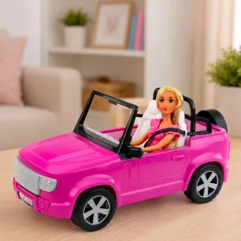 LEAN TOYS Anlily Puppe im lila Cabrio mit Handyhalter und Kopfhörern