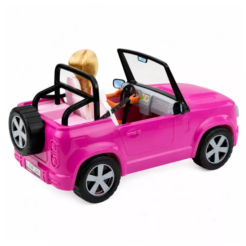 LEAN TOYS Anlily Puppe im lila Cabrio mit Handyhalter und Kopfhörern