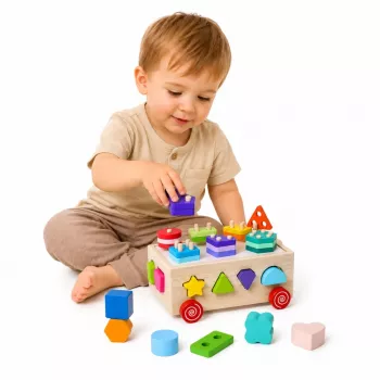 LEAN TOYS Holz Montessori Lernspielzeug Sortierer auf Rädern Formen und Zahlen