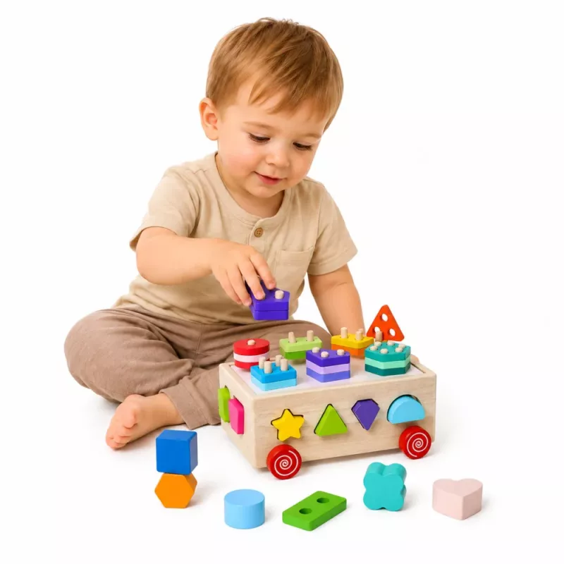 LEAN TOYS Holz Montessori Lernspielzeug Sortierer auf Rädern Formen und Zahlen