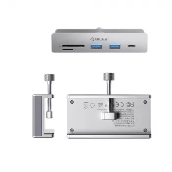 ORICO MH5PC USB-C-Hub mit Klemme, 2x USB-A, 1x USB-C, SD/TF-Kartenleser - Silber
