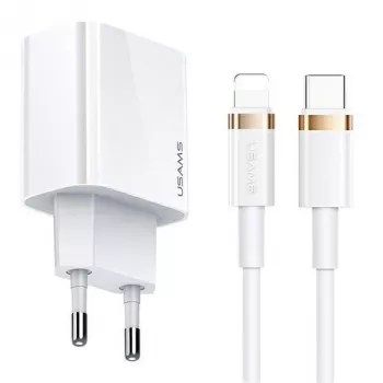 USAMS T34 20W USB-C PD Wandladegerät mit U63 USB-C auf Lightning Kabel Kit - Weiß