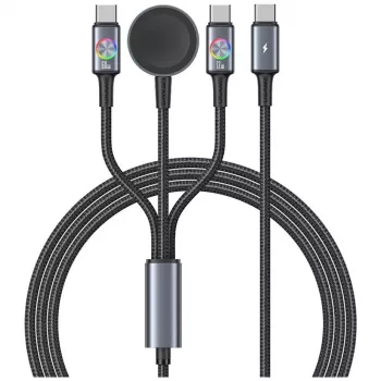 USAMS Huan Series SJ754 72W USB-C auf USB-C Kabel mit integriertem magnetischen kabellosen Smartwatch-Ladegerät, Schwarz, 1,2m