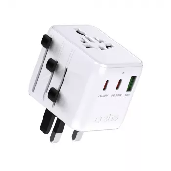 SBS Universal-Reiseadapter mit 2x USB-C PD 20W und 1x USB-A QC 18W, 35W Gesamtleistung, Weiß