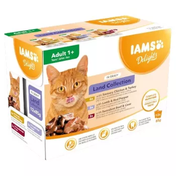 EUKANUBA IAMS DELIGHTS Land Collection in Sauce Nassfutter für Katzen, 12 x 85g Beutel, Adult, Huhn, Lamm & Truthahn