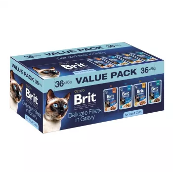Brit Delicate Fillets in Gravy für ausgewachsene Katzen - gemischtes Fleisch & Fisch, 36 x 85 g Beutel