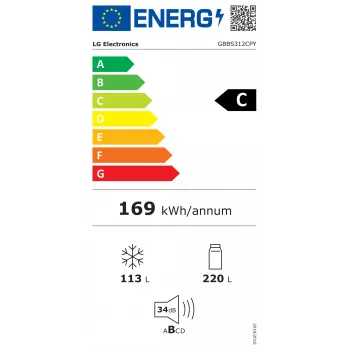 LG GBBS312CPY Freistehender Kombi-Kühlschrank mit Gefrierfach, Total No Frost, Edelstahl, Energieeffizienzklasse C, 333L