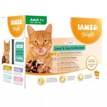 EUKANUBA IAMS DELIGHTS Land & Sea Collection in Soße Nassfutter für Katzen – 12x85g Beutel (Lachs & Kabeljau, Huhn & Truthahn, Lamm & rote Paprika)