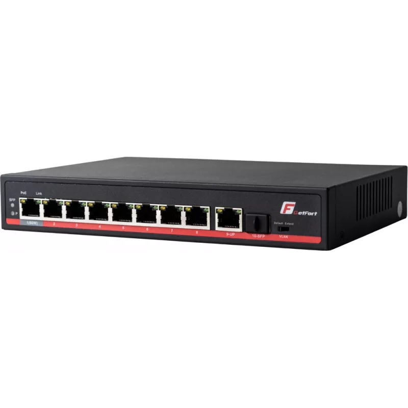 GETFORT GF-110-8PG-S-120 10-Port Gigabit PoE+ Switch mit 8 PoE+ Ports, 1 Uplink, 1 SFP, 120W Budget, Unmanaged, Lüfterlos, Desktop