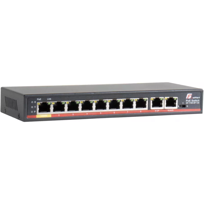GETFORT GF-110D-8P-120 10-Port PoE+ Switch mit 8 PoE-Ports und 2 Uplink-Ports, 120W Budget, Unmanaged, Desktop/Wandmontage
