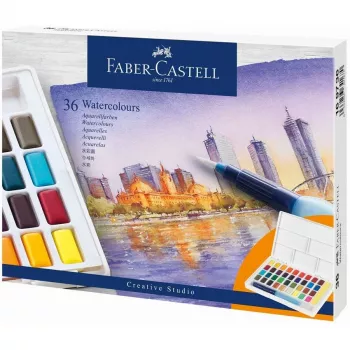Faber-Castell Creative Studio Watercolour Paint Set, 36 Farben in festen Näpfchen mit Pinsel und Schwamm, Mischpalette im Deckel, Student Grade, transparent, nachfüllbar, tragbare Kunststoffbox