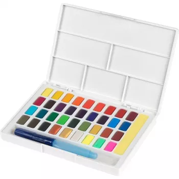 Faber-Castell Creative Studio Watercolour Paint Set, 36 Farben in festen Näpfchen mit Pinsel und Schwamm, Mischpalette im Deckel, Student Grade, transparent, nachfüllbar, tragbare Kunststoffbox