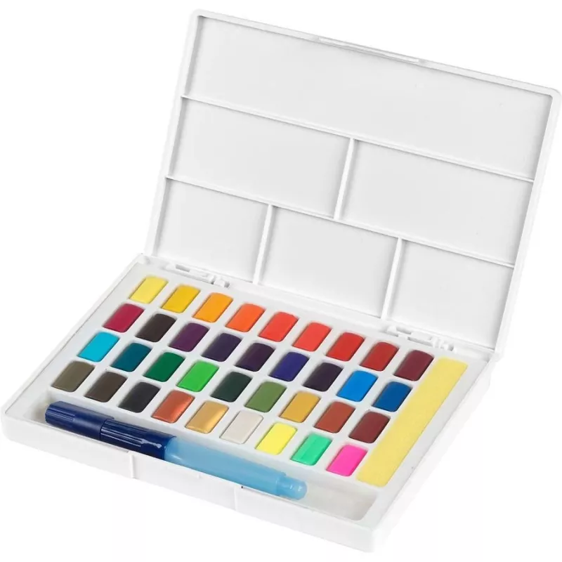 Faber-Castell Creative Studio Watercolour Paint Set, 36 Farben in festen Näpfchen mit Pinsel und Schwamm, Mischpalette im Deckel, Student Grade, transparent, nachfüllbar, tragbare Kunststoffbox