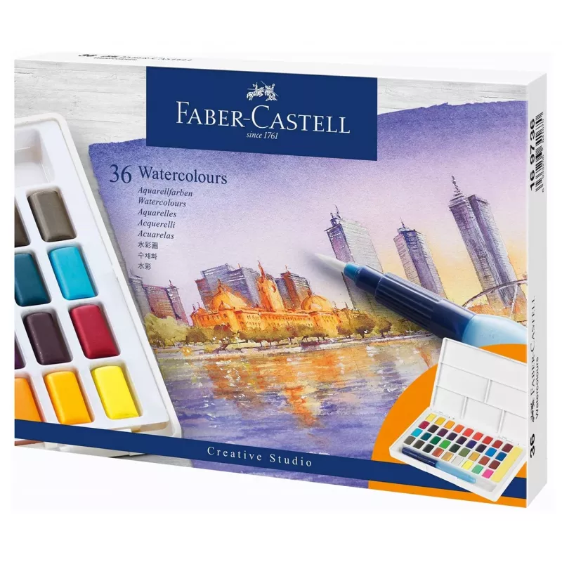 Faber-Castell Creative Studio Watercolour Paint Set, 36 Farben in festen Näpfchen mit Pinsel und Schwamm, Mischpalette im Deckel, Student Grade, transparent, nachfüllbar, tragbare Kunststoffbox