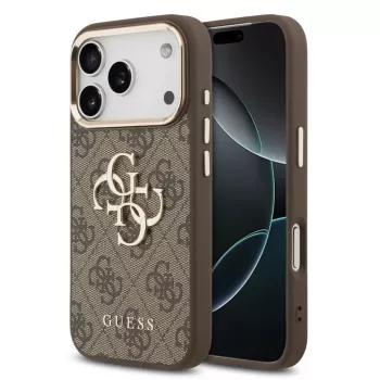 Guess Apple iPhone 17 Pro Max PU-Lederhülle mit Metall-Logo und Goldrahmen, MagSafe-kompatibel, Braun