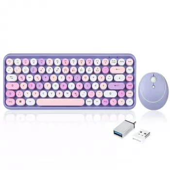 Perixx PERIDUO-713PP DE Kabelloses Mini-Tastatur- und Maus-Set, Retro-Vintage-Design, Lila, deutsches Layout