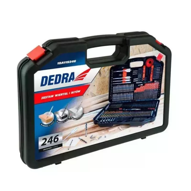 DEDRA 18A11S246 246-teiliger Bohrer- und Schraubendreher-Bitsatz mit HSS-, Holz-, Steinbohrern und CrV-Schrauberbits im Kunststoffkoffer