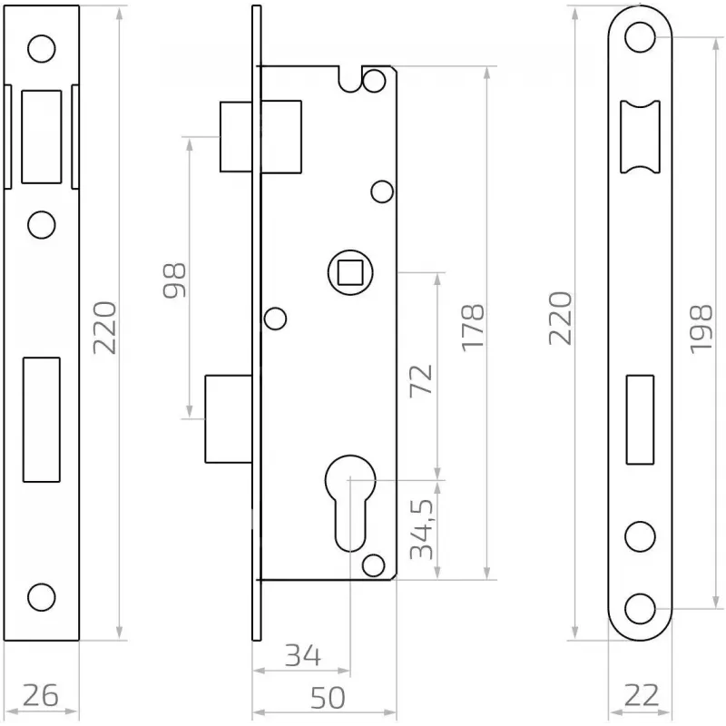 PSG 63.211 L/P Einsteckschloss mit Falle und Riegel, wechselbar, 220 x 22 mm Stulp, 72 mm PZ, 50 mm Entfernung, verzinkter Stahl