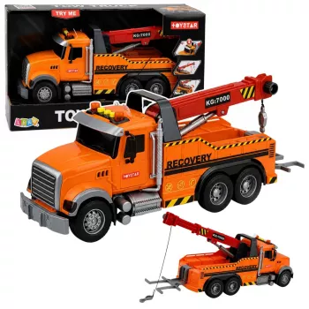 LEAN TOYS Abschleppwagen mit Kran Pannenhilfe Haken Lichter Geräusche Orange 1:18