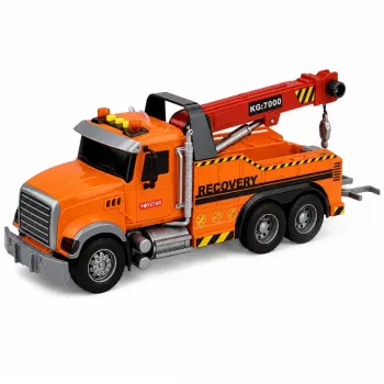 LEAN TOYS Abschleppwagen mit Kran Pannenhilfe Haken Lichter Geräusche Orange 1:18