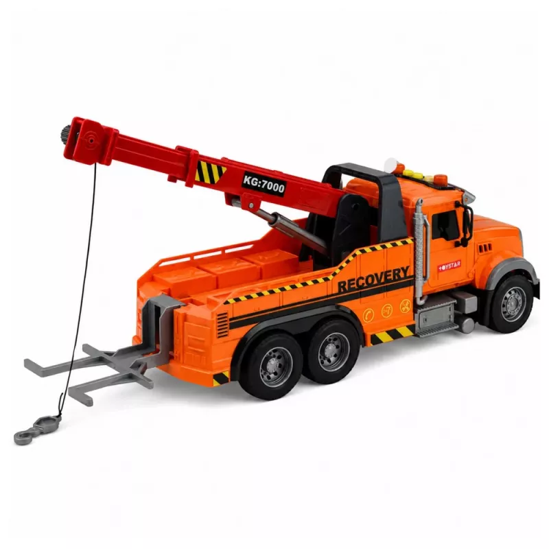 LEAN TOYS Abschleppwagen mit Kran Pannenhilfe Haken Lichter Geräusche Orange 1:18