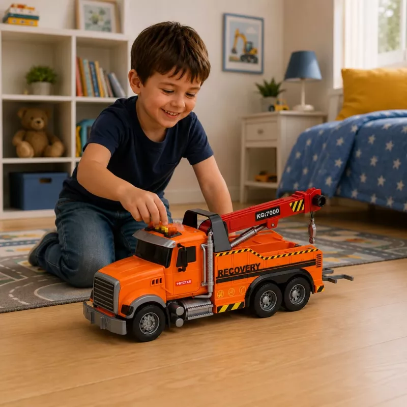 LEAN TOYS Abschleppwagen mit Kran Pannenhilfe Haken Lichter Geräusche Orange 1:18