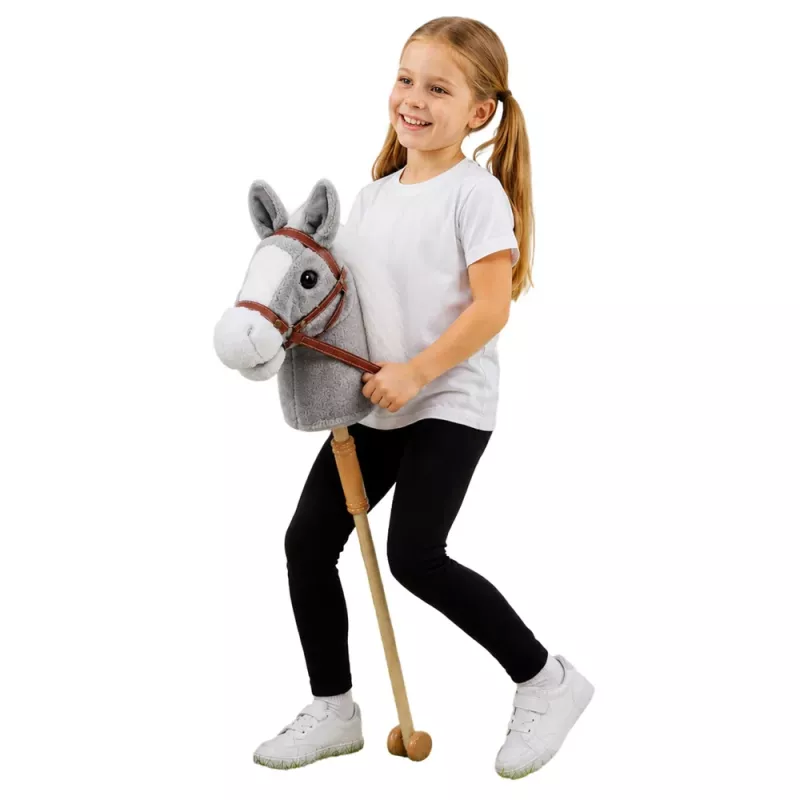 LEAN TOYS Steckenpferd Pferd auf einem Stock Pferdekopf Galoppieren Wiehern Geräusche Grau 100 cm