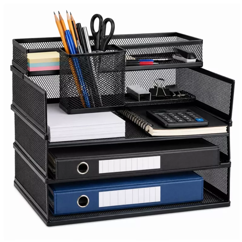 LEAN Metall-Mehrzweck-Organizer-Regale für Dokumente und Zubehör, 3-stufiger Mesh-Schreibtisch-Organizer, Schwarz