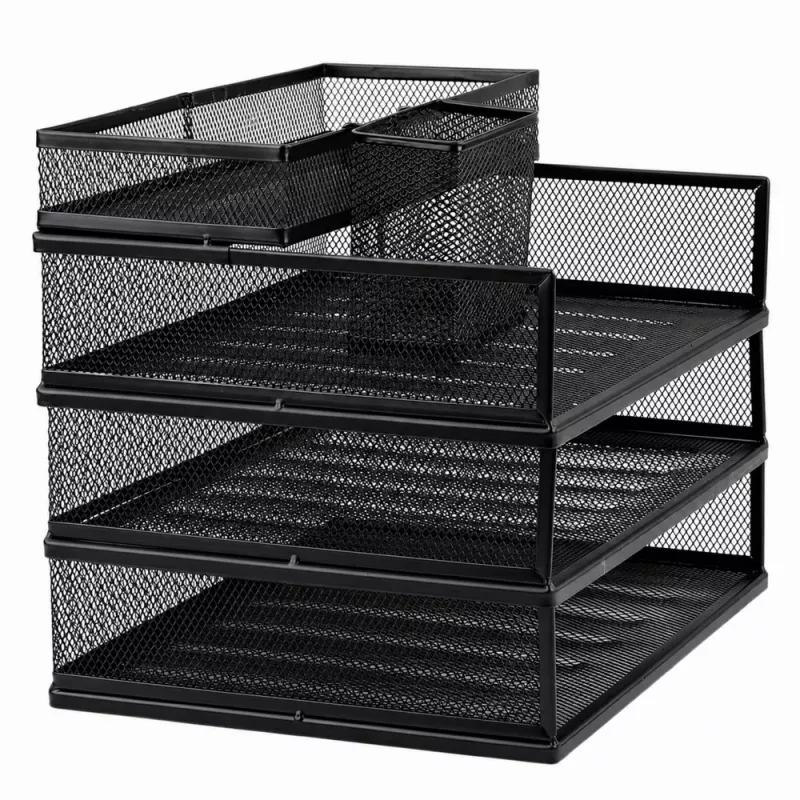 LEAN Metall-Mehrzweck-Organizer-Regale für Dokumente und Zubehör, 3-stufiger Mesh-Schreibtisch-Organizer, Schwarz