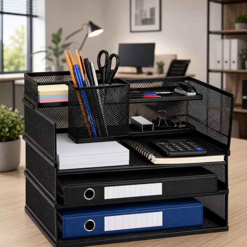 LEAN Metall-Mehrzweck-Organizer-Regale für Dokumente und Zubehör, 3-stufiger Mesh-Schreibtisch-Organizer, Schwarz