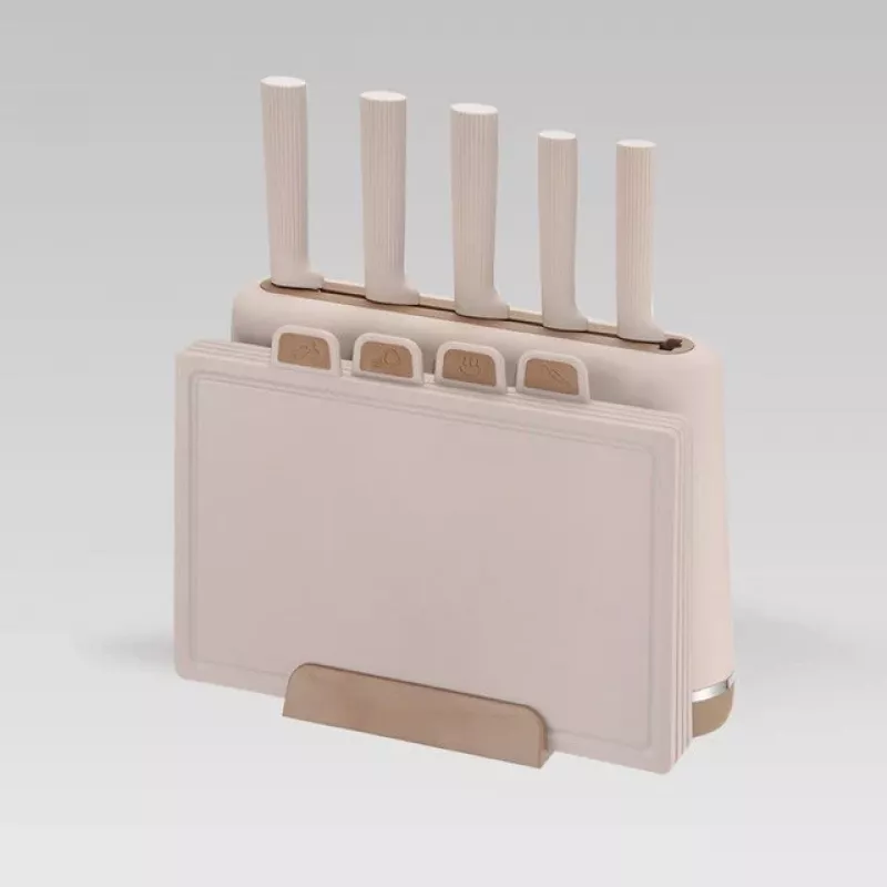 MEO MR-1412-BEIGE MAESTRO Messerset mit Schneidebrettern und Ständer, 5 Messer, 2 Bretter, Beige