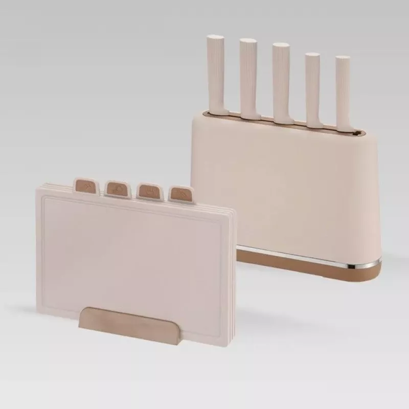 MEO MR-1412-BEIGE MAESTRO Messerset mit Schneidebrettern und Ständer, 5 Messer, 2 Bretter, Beige