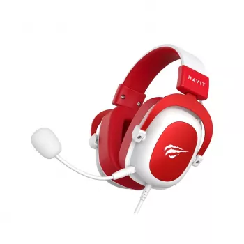 HAV H2002d Kabelgebundenes Gaming-Headset mit 50-mm-Treibern, RGB-LED, geräuschisolierendem Mikrofon, Weiß/Rot