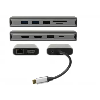 ALLNET PSUC0216 - USB 3.2 Gen 1 (3.1 Gen 1) Type-C - 3,5 mm - HDMI - RJ-45 - USB 2.0 - USB 3.2 Gen 1 (3.1 Gen 1) Type-A - USB 3.2 Gen 1 (3.1 Gen 1) Type-C - VGA - 3840 x 2160 Pixel - MicroSD (TransFlash) - SD - Grau - 100 W