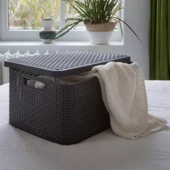 CURVER Style L Aufbewahrungsbox mit Deckel, 43,6 x 32,6 x 23 cm, Dunkelbraun, 32,67 L, Faltbar, Stapelbar, Stoffgriffe