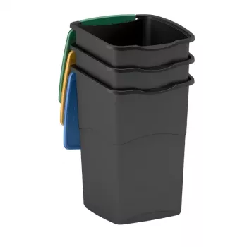 CURVER Koral 47L 3-teiliges Abfallbehälter-Set – Schwarz mit bunten Deckeln, Schwing- und Klappdeckeln, herausnehmbaren Inneneimern, Innenraum-Recycling