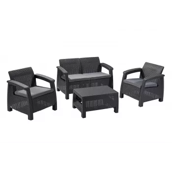 KETER Corfu Gartenmöbel-Set Grau - 4-Sitzer Sofa, 2 Sessel, Couchtisch