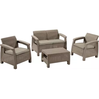 KETER Corfu Set 3-teiliges beiges Gartenmöbel-Set in Rattan-Optik mit grauen Polstern