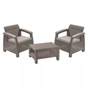 KETER Gartenmöbel-Set Corfu Weekend Beige - 2 Sessel & Couchtisch, Rattan-Optik Outdoor-Lounge-Set