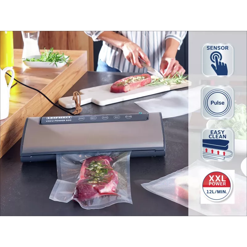 LEIFHEIT Vacu Power 500 Vakuumiergerät, 120 W, Weiß/Grau, inklusive 10 Beutel und Vakuumschlauch